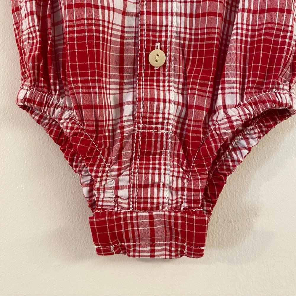 Red and white plaid long sleeve bodysuit with point collar